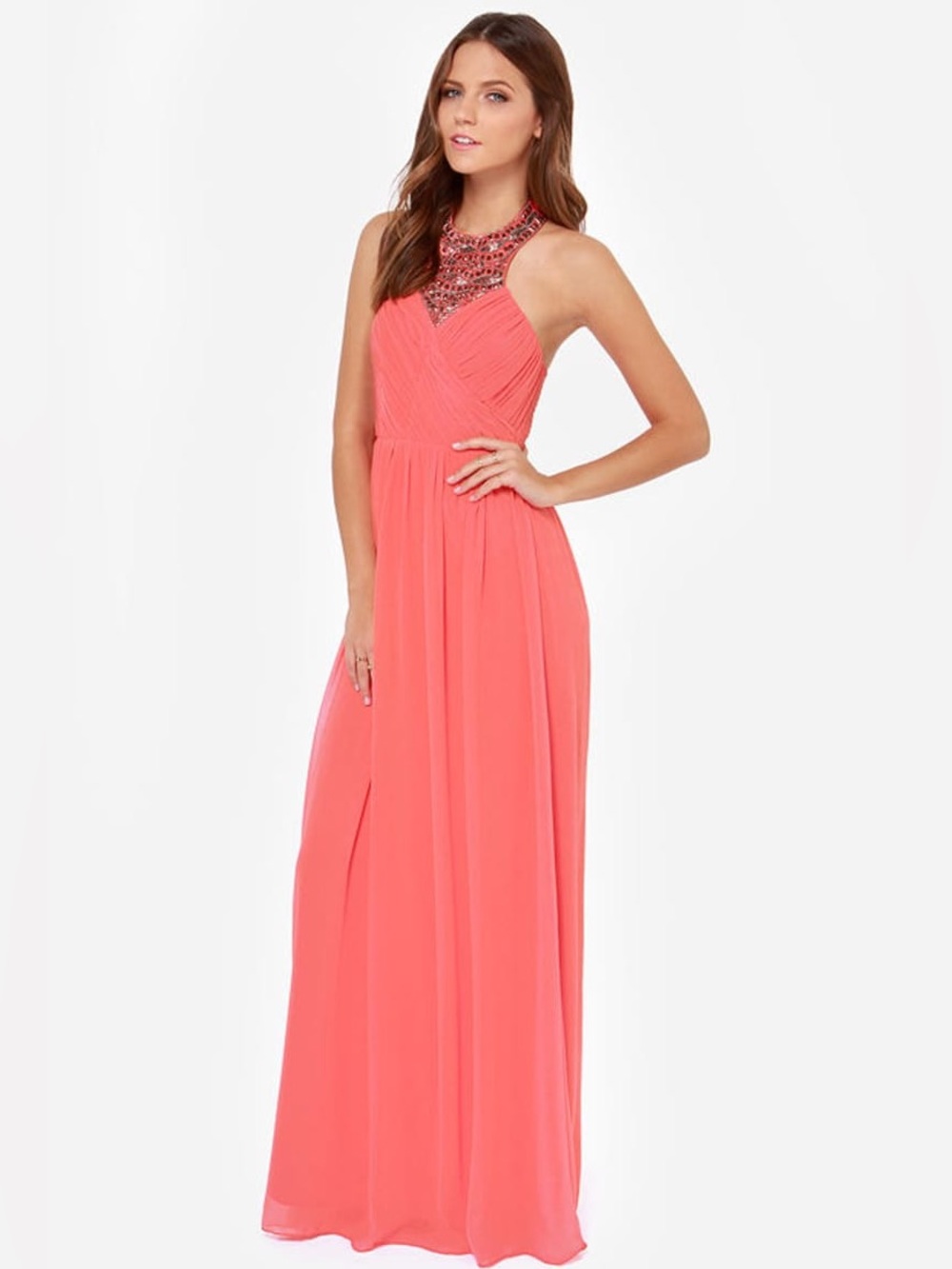 Lulus little mistress divine & dine coral beaded halter maxi dress size 8 - Picture 2 of 8